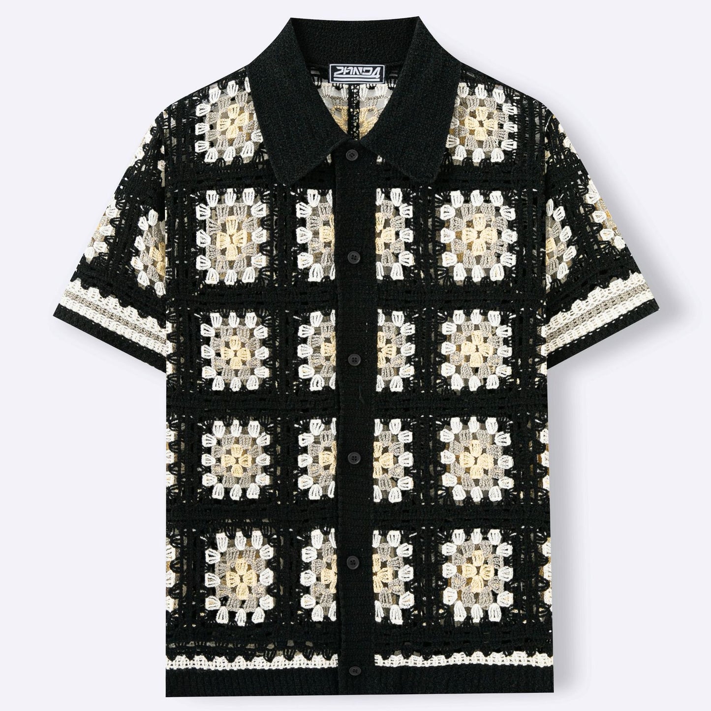 Men’s Short-Sleeve Contrasting Color Crochet Knit Sweater