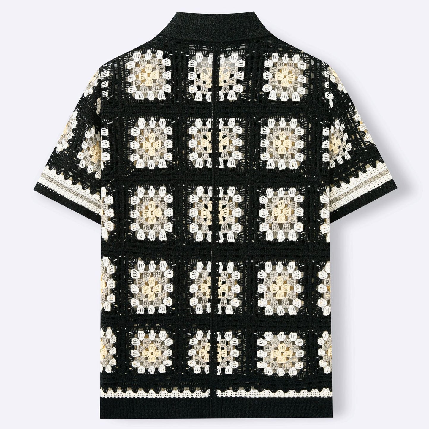 Men’s Short-Sleeve Contrasting Color Crochet Knit Sweater