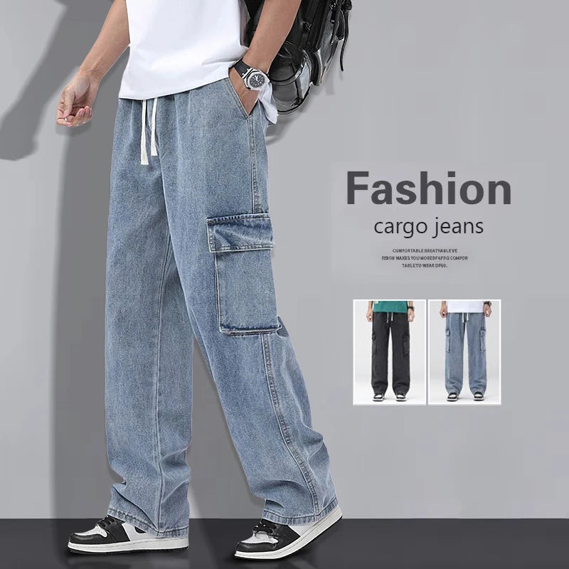 Men’s Loose Cargo Denim Pants – Straight Leg, Everyday Casual