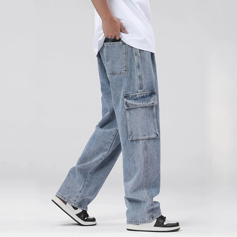 Men’s Loose Cargo Denim Pants – Straight Leg, Everyday Casual