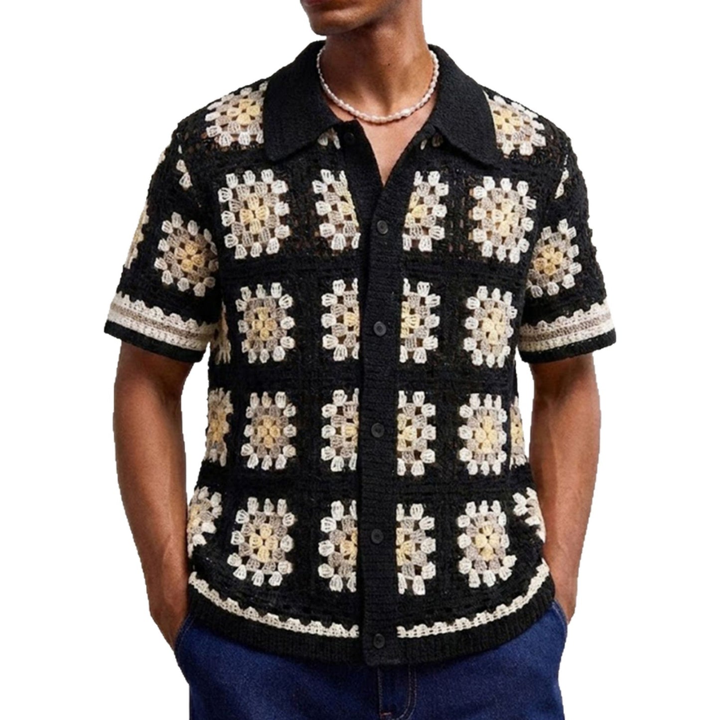 Men’s Short-Sleeve Contrasting Color Crochet Knit Sweater