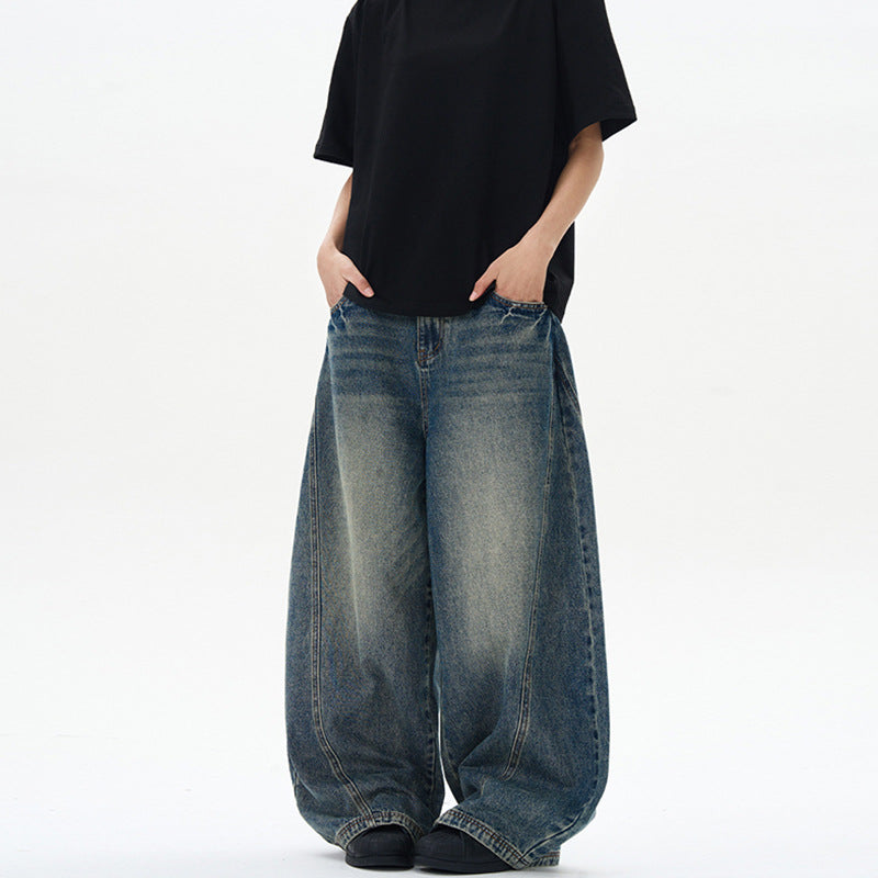 American-style Vintage Blue Washed Tie-dye Bootcut Jeans