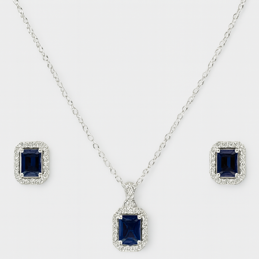 Blue Emerald-Cut Pendant and Earring Set